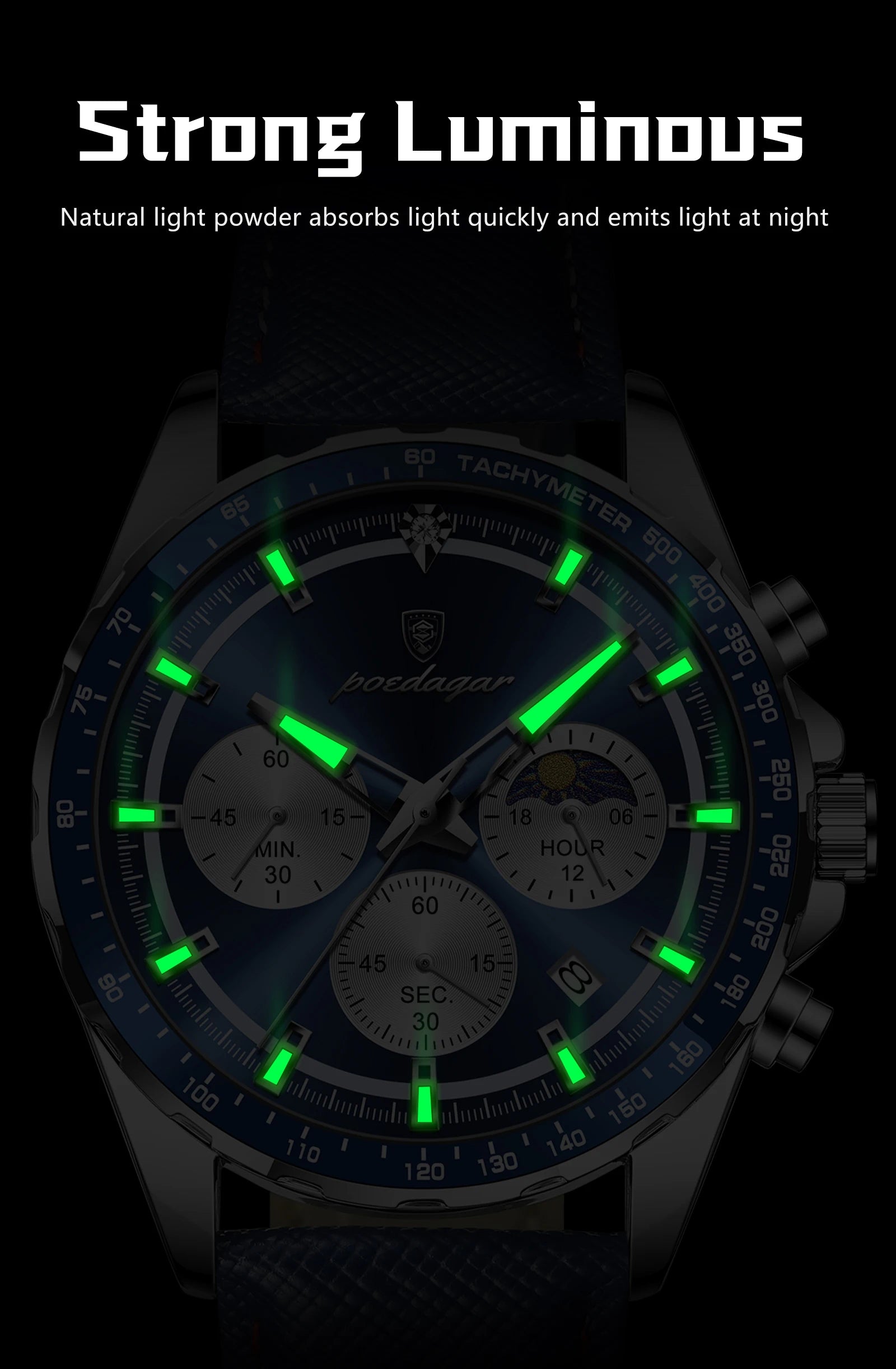Premium Leather Chronograph Watch – Luminous Dial, Date Display, Quartz Movement