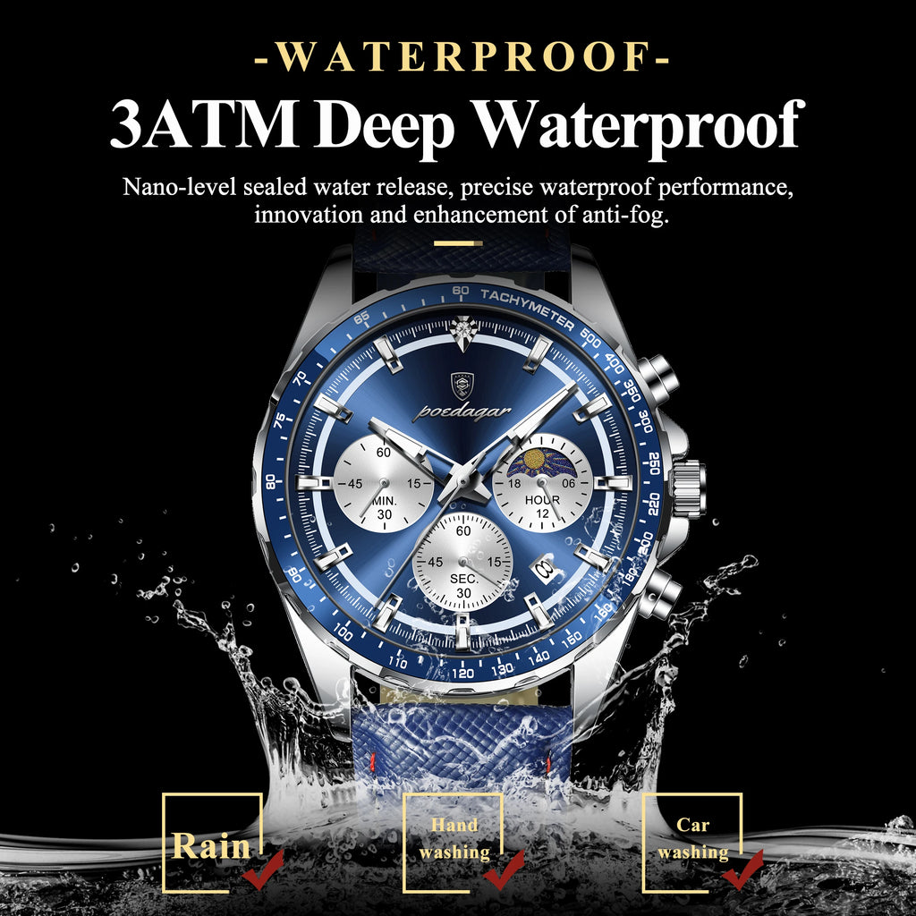 Premium Leather Chronograph Watch – Luminous Dial, Date Display, Quartz Movement