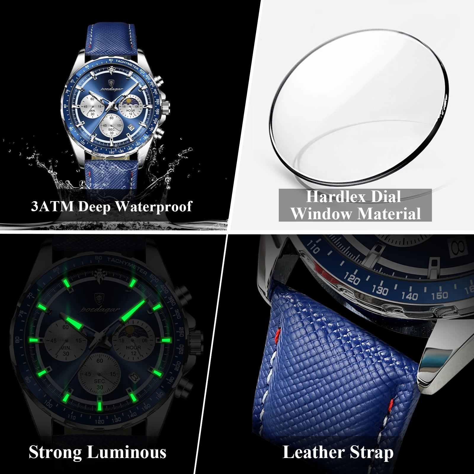 Premium Leather Chronograph Watch – Luminous Dial, Date Display, Quartz Movement